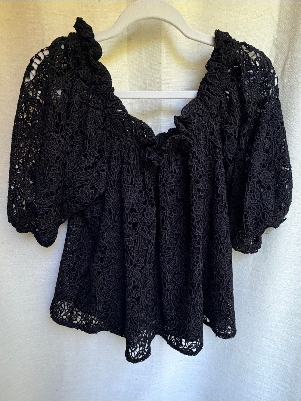 Maeve Anthropologie Black Guipure Lace Off Shoulder Puff Sleeve Top S